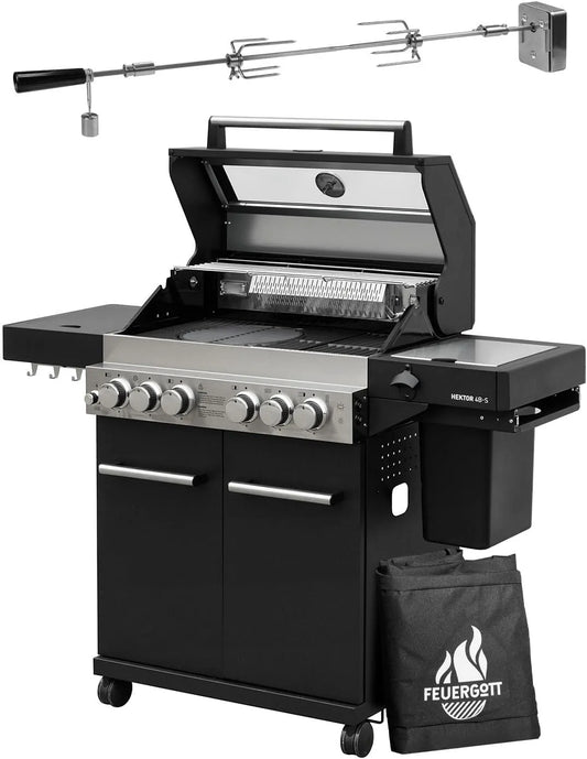 Gasgrill 4B-S, Hektor inklusive. Drehspieß und Abdeckhaube mit 4 Brennern, Sear-Brenner, Gusseisen-Grillrost, Heckbrenner, Seitenkocher