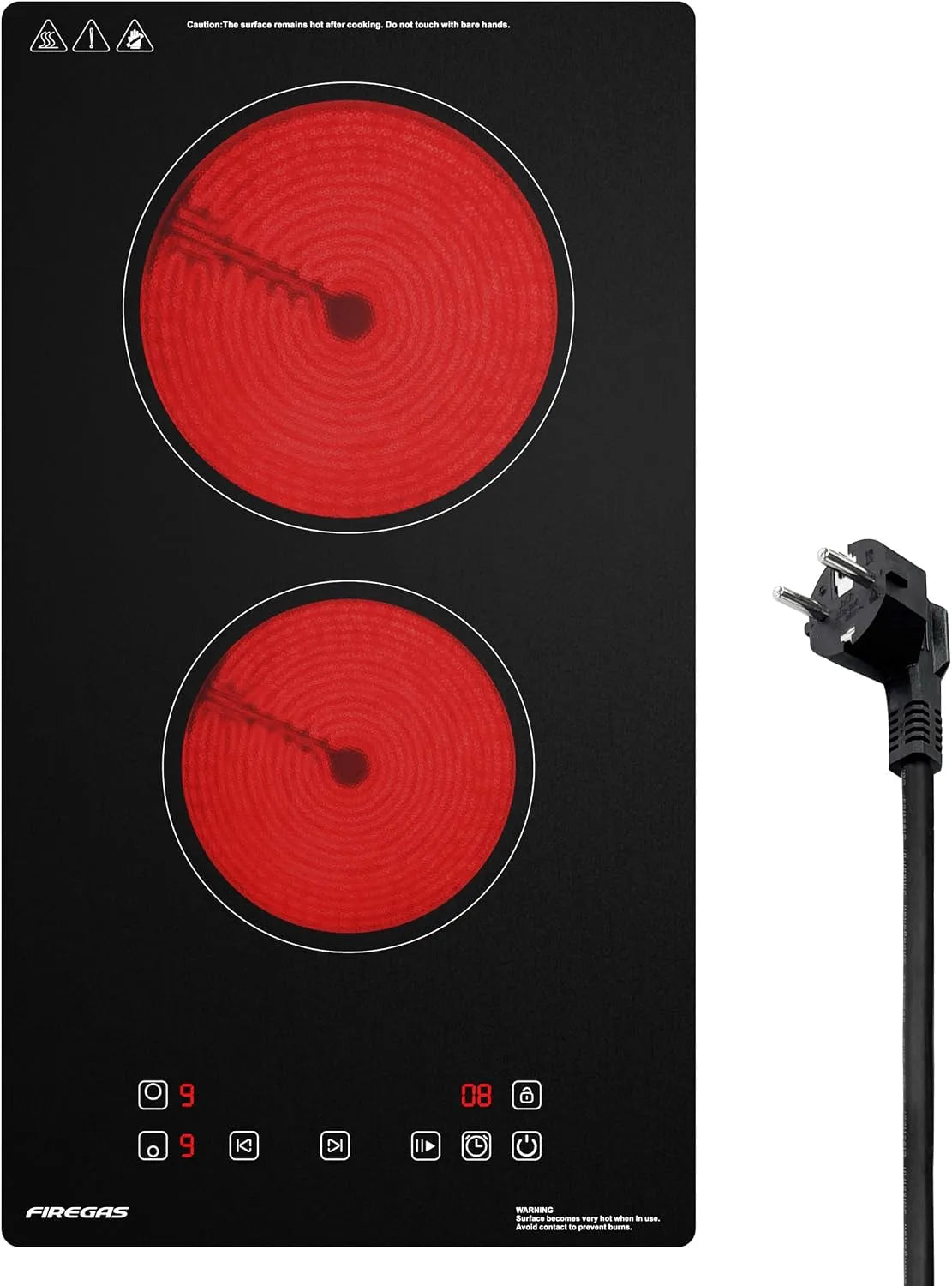 Kochfeld, Leistung 3000W, Fassungsvermögen 9 Leistungsstufen, Kindersicherung,1-99 Mi Timer, 2 Platten, Domino Glaskeramikkochfeld