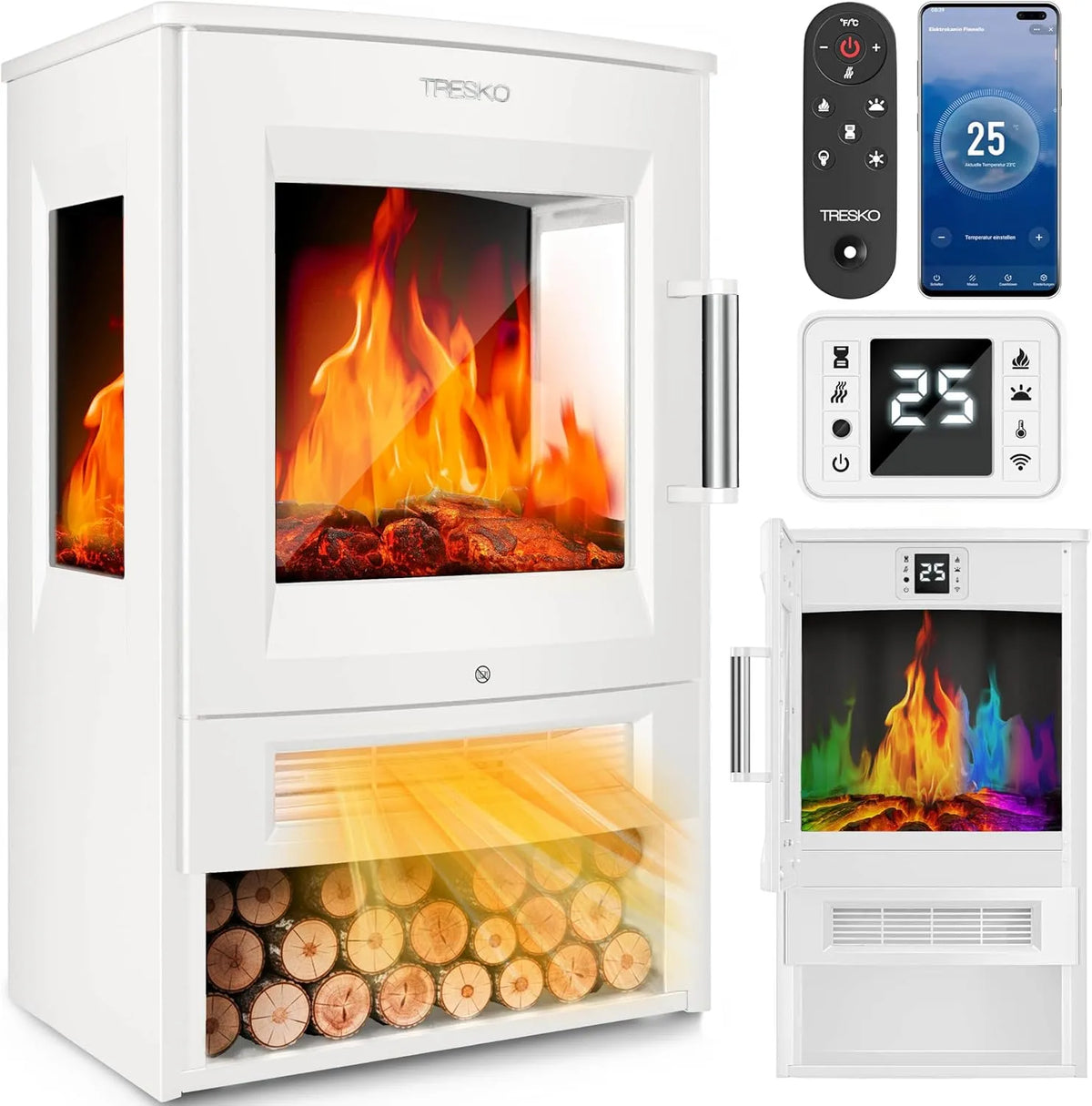 Elektrokamin TRESKO, mit Heizung inklusive. Fernbedienung & WiFi App, Kamin elektrisch 1800W LED-Flammeneffekt Farbmodi, Timer, Kaminfeuer Thermostat