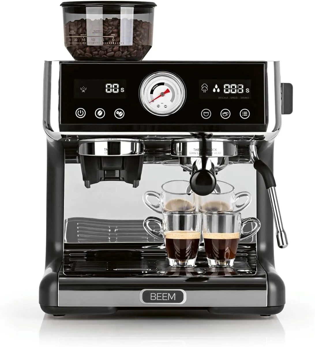 Espresso-Siebträgermaschine, 2-Thermoblöcke, BEEM ESPRESSO-GRIND-EXPERT Espresso mit Mahlwerk, Extraktions- und Mahlzeitanzeige, Edelstahl