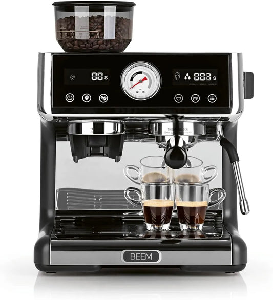 Espresso-Siebträgermaschine, 2-Thermoblöcke, BEEM ESPRESSO-GRIND-EXPERT Espresso mit Mahlwerk, Extraktions- und Mahlzeitanzeige, Edelstahl