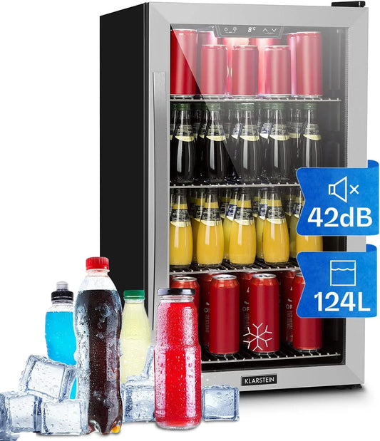 Klarstein Kühlschrank, Mini mit Glastür, Getränkekühlschrank Klein mit Verstellbaren Ablagen, Outdoor Leise, Kleiner 124 L, Mini für Zimmer, Indoor