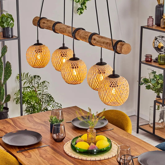 Basto Modell E27 HOFSTEIN Pendelleuchte, max. 150cm, 5-flammige Hängelampe aus Metall, Holz, Natur, Boho Hängeleuchte mit Bambusschirmen u. Holzbalken