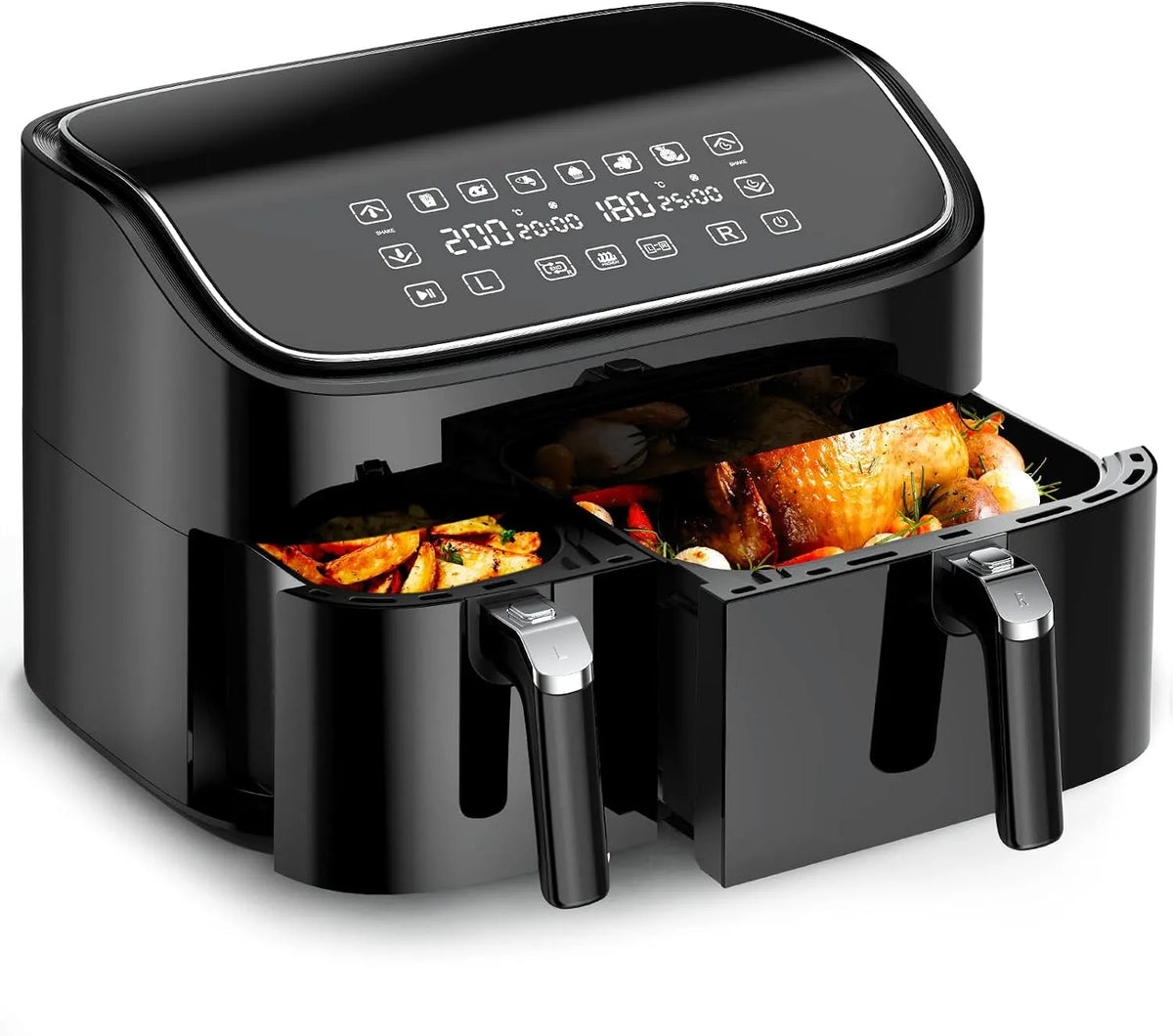 Heißluftfritteuse, 2 kammern, Hochwertige 9L Airfryer, Fassungsvermögen 3L&6L, 2 Fächer, 6-in-1, Touchscreen, Spülmaschinenfeste Körbe