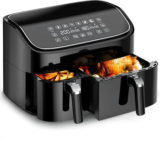 Heißluftfritteuse, 2 kammern, Hochwertige 9L Airfryer, Fassungsvermögen 3L&6L, 2 Fächer, 6-in-1, Touchscreen, Spülmaschinenfeste Körbe
