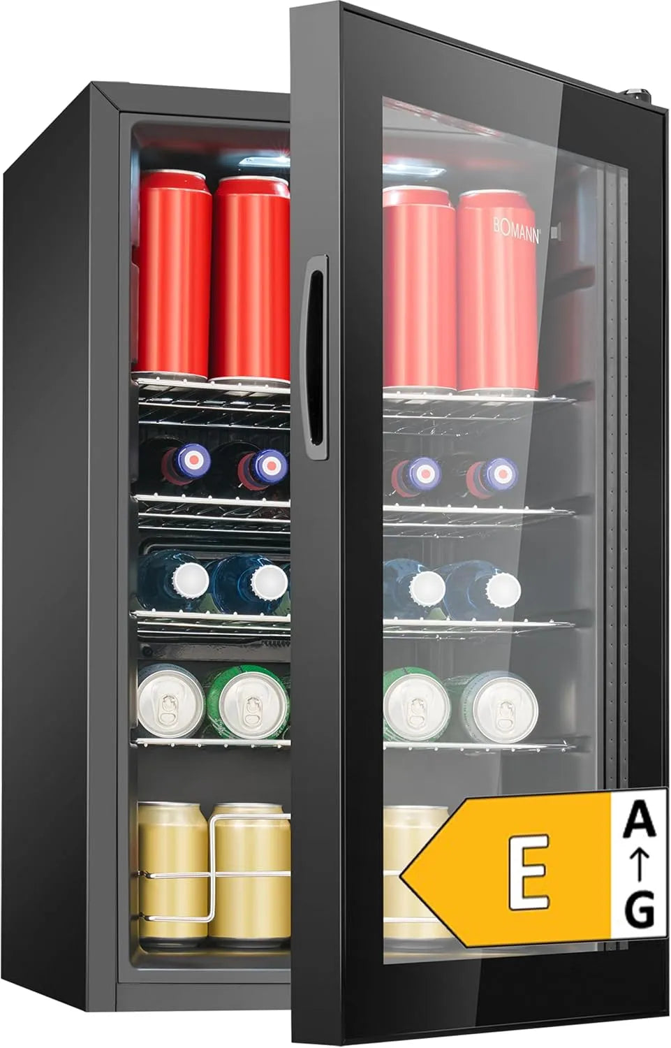Bomann Kühlschrank KSG 7515, Flaschenkühlschrank 63 L, Fassungsvermögen 0,33 l, Breite 74 cm, Platz für bis zu 89 Dosen, 4 Ablagen, mit Glastür, leise
