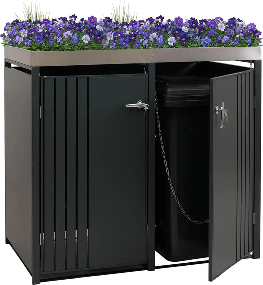 Modell 2er-Mülltonnenverkleidung HWC-O67 Mendler, Metall 125x132x84cm 55kg, Mülltonnenbox mit Pflanzkasten, anthrazit