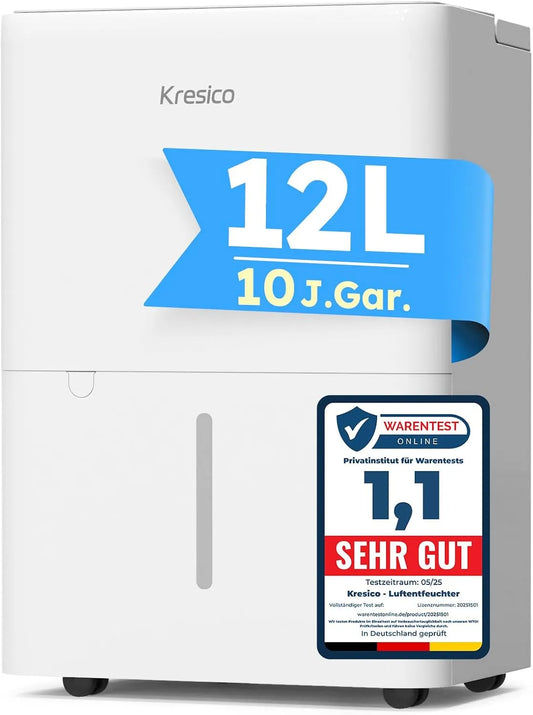 Luftentfeuchter 122m³/25m, elektrisch 12L, Keller für Räume bis zu 122m³, 25m², Raumentfeuchter elektrisch 35dB mit Ablaufschlauch, 10 J. Gar., Filter