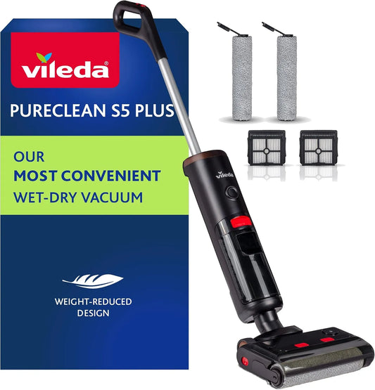 Vileda Nass-/Trockensauger 30Min, 2 Rollen, PureClean S5 Nass mit Zubehör, 2 Filter, 180m² mit Akkulaufzeit, Leicht, für alle Böden