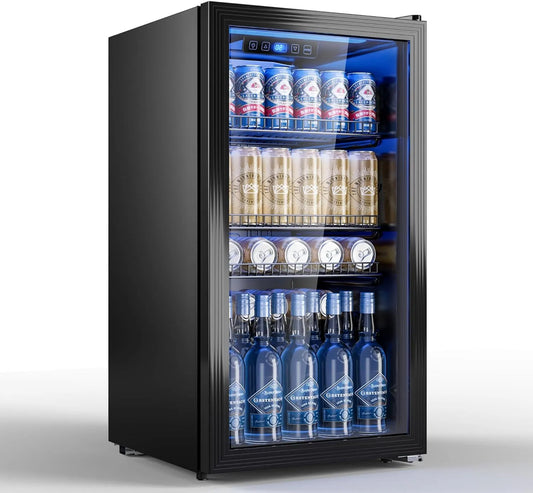 Kühlschrank, Kompakter Getränkekühlschrank für bis zu 128 Dosen, Glastür, Wein, Ideal für Haushalt, Wohnung, Fassungsvermögen 95L Mini mit Glasfront