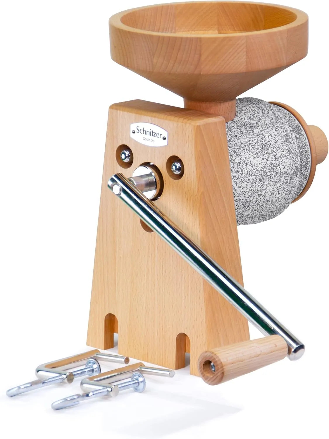 Handgetreidemühle mit großem Basaltmahlwerk und Holztrichter Schnitzer Country, stufenlos einstellbar