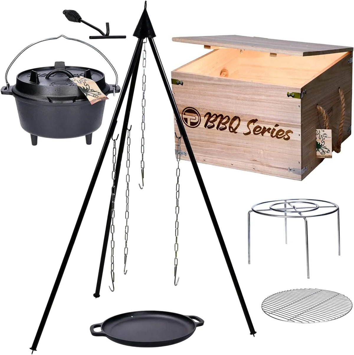 Grill, TP BBQ Dutch-Oven Tripod Set, Pfanne aus Gusseisen, ideal als Geschenk-Set, 7-teilig mit Feuer-Topf, Dreibein