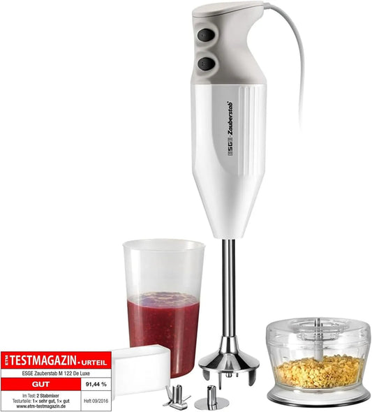 122 de Luxe ESGE Zauberstab, 14.000 U, 140 Watt, Stabmixer weiß, mit Zubehör, Pürierstab, Handmixer, Ergonomisches Griffdesign, Twinschalter