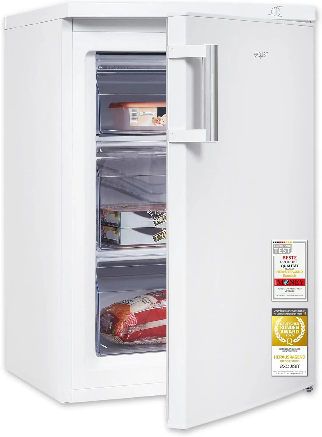 Exquisit Gefrierschrank 4-Sterne-Gefrieren GS581-H-010D, Fassungsvermögen 85 l Nutzinhalt, 40 dB, Energieeffizienzklasse D, kompakte Bauform, weiss