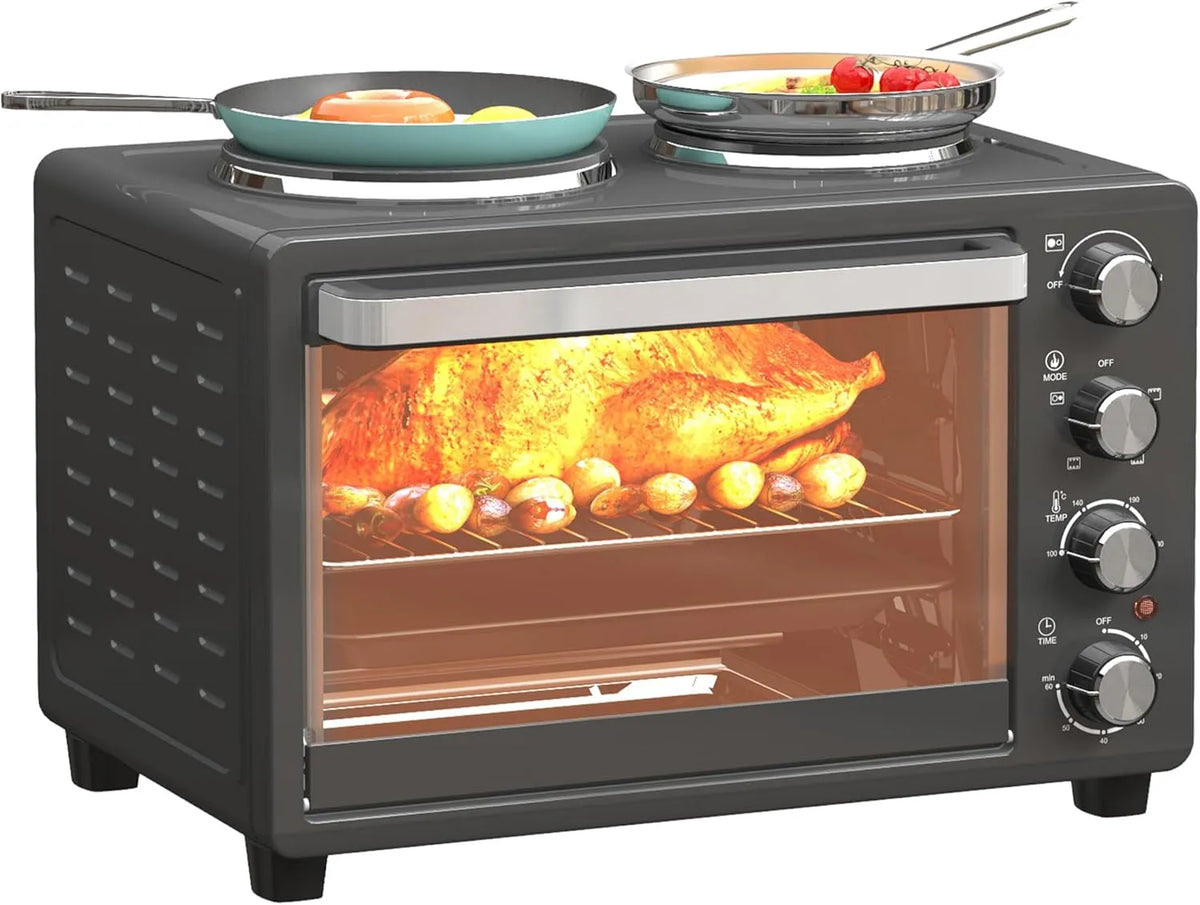 Homcom Backofen, Grillrost 2 Kochplatten, Mini mit Tablettgriff, in Schwarz, Minibackofen 28 L 2600W 100-230℃ Pizzaofen mit 60 Min. Timer