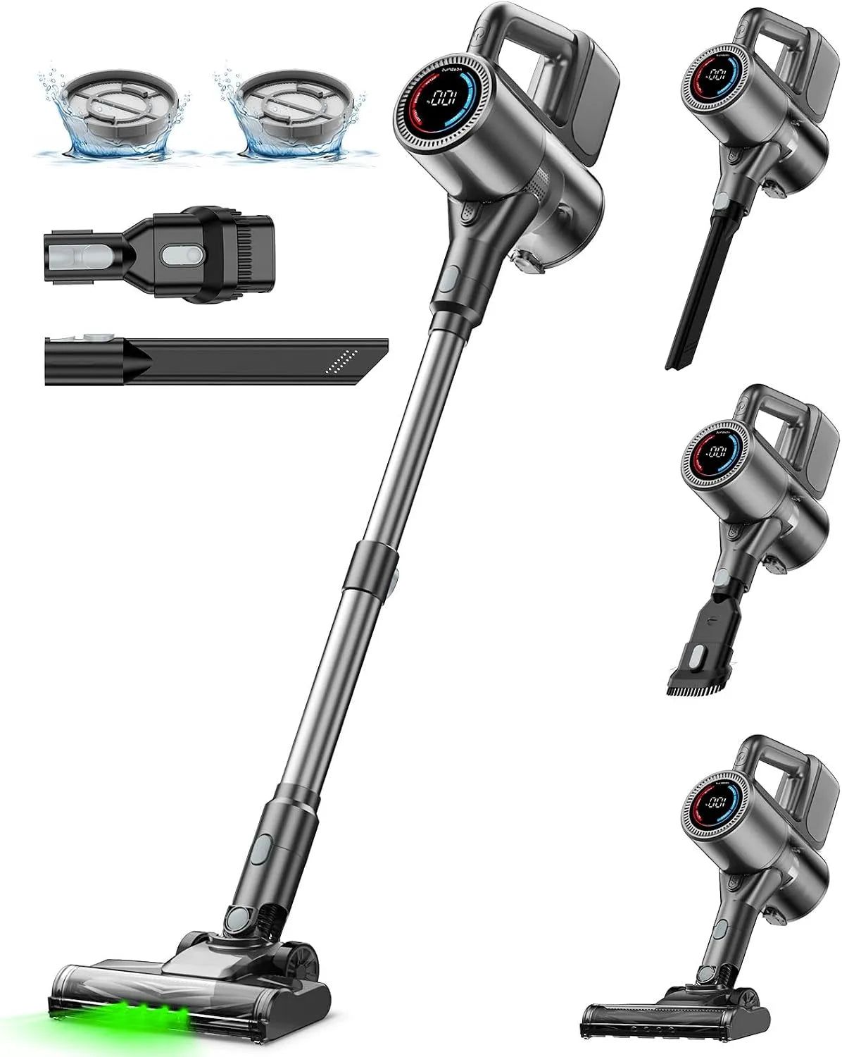 Staubsauger VersLife Akku, 45KPA Stabstaubsauger mit LED-Display und grüne Frontleuchten bis zu 45 Min. Laufzeit, Farbe Grau, Leistung 500W, Kabellos