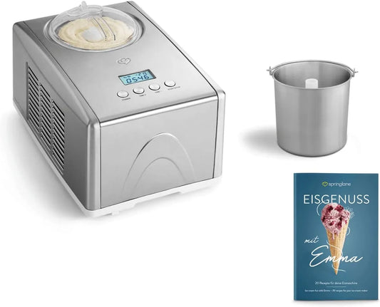 Eismaschine SPRINGLANE, Emma 1,5 L mit selbstkühlendem Kompressor 150 W, aus Edelstahl mit entnehmbarem Eisbehälter, inklusive. Rezeptheft, Silber
