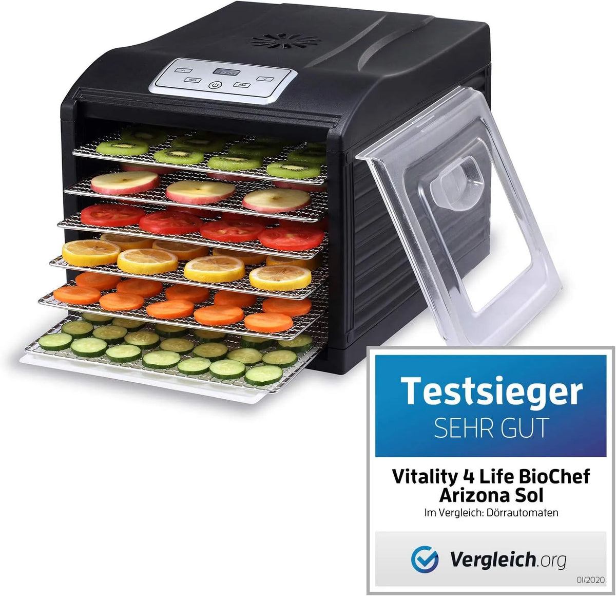 Sol Dörrautomat BioChef Arizona, Dörrgerät mit 6 Einschüben aus Edelstahl PLUS Digitaler Timer + Thermostat, 1 x Anti-Haft Folie, in Schwarz