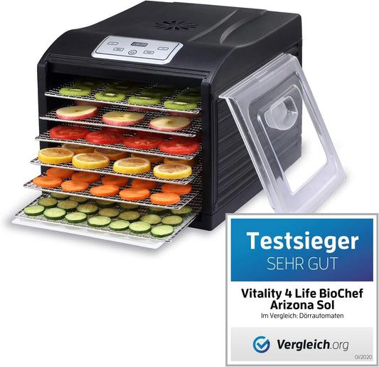 Sol Dörrautomat BioChef Arizona, Dörrgerät mit 6 Einschüben aus Edelstahl PLUS Digitaler Timer + Thermostat, 1 x Anti-Haft Folie, in Schwarz
