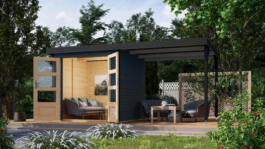 Gartenhaus, Hollywood inklusive. Fußboden optional mit Anbau Gartenlaube Geräteschuppen Gartenhütte, Anthrazit mit Anbau