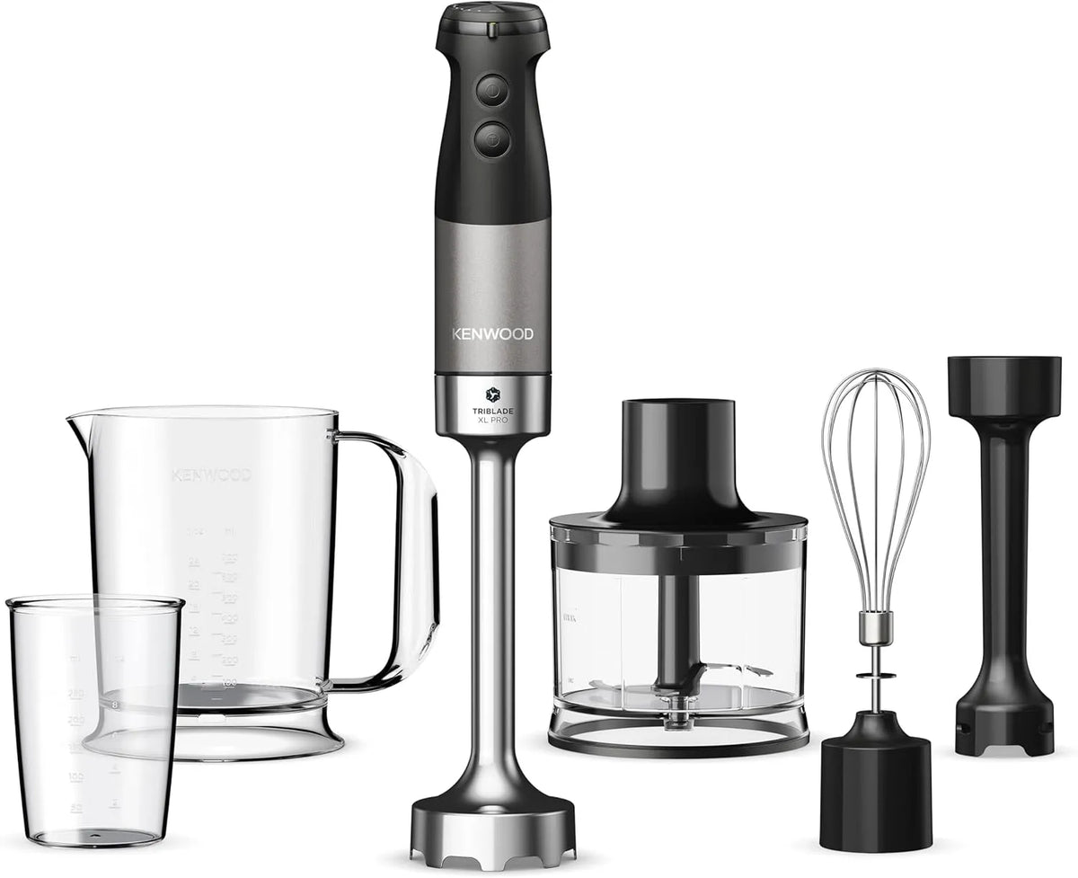 Kenwood Modell HBM80.322BK, Triblade XL Pro Stabmixer, Leistung 1200W, Fassungsvermögen 500ml Zerkleiner, 700 & 250ml Becher, Edelstahl, Pürierfuß
