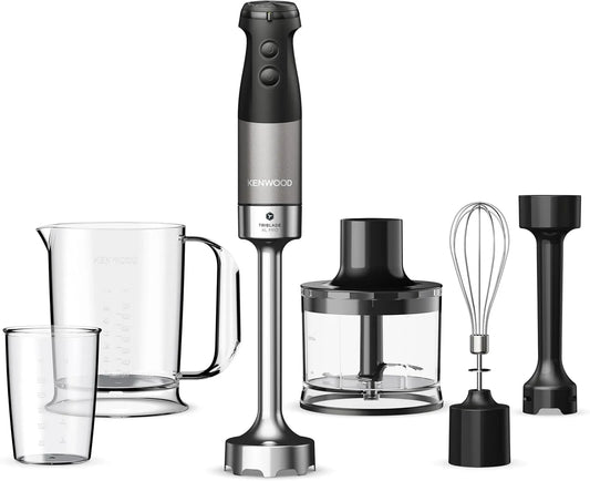 Kenwood Modell HBM80.322BK, Triblade XL Pro Stabmixer, Leistung 1200W, Fassungsvermögen 500ml Zerkleiner, 700 & 250ml Becher, Edelstahl, Pürierfuß