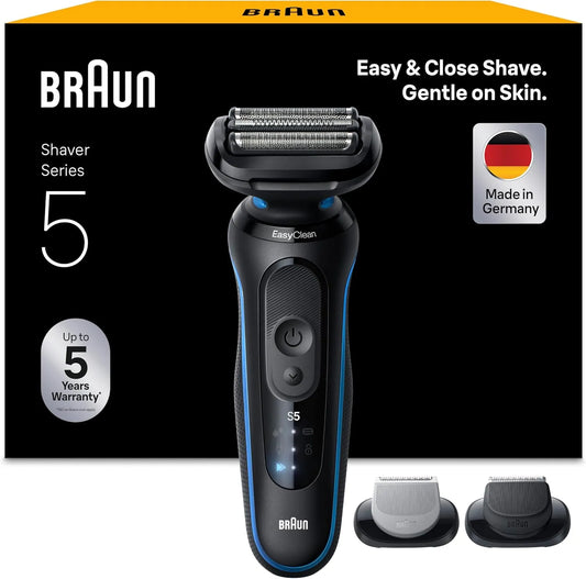 Braun Modell 52-B1650s, Rasierapparat mit 50 Min. Akkulaufzeit, Kabelloser Nass- und Trockenrasierer für Männer, Wasserdicht, +2 Aufsätze, Blau