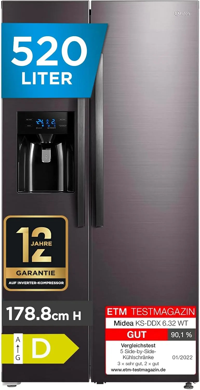 Midea Modell, 178,8 cm Höhe KS-DDX 6.32 WT 3in1, 254 kWh, Gefrierkombination, No Frost, mit Wasser, Dark Inox, Side-by-Side Kühl, Jahr
