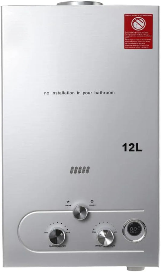 Warmwasserbereiter, mit Plating-Duschkopf-Set, Silber, Gas Durchlauferhitzer,12L LPG 24KW Instant Heißwasserbereiter Flüssiggas