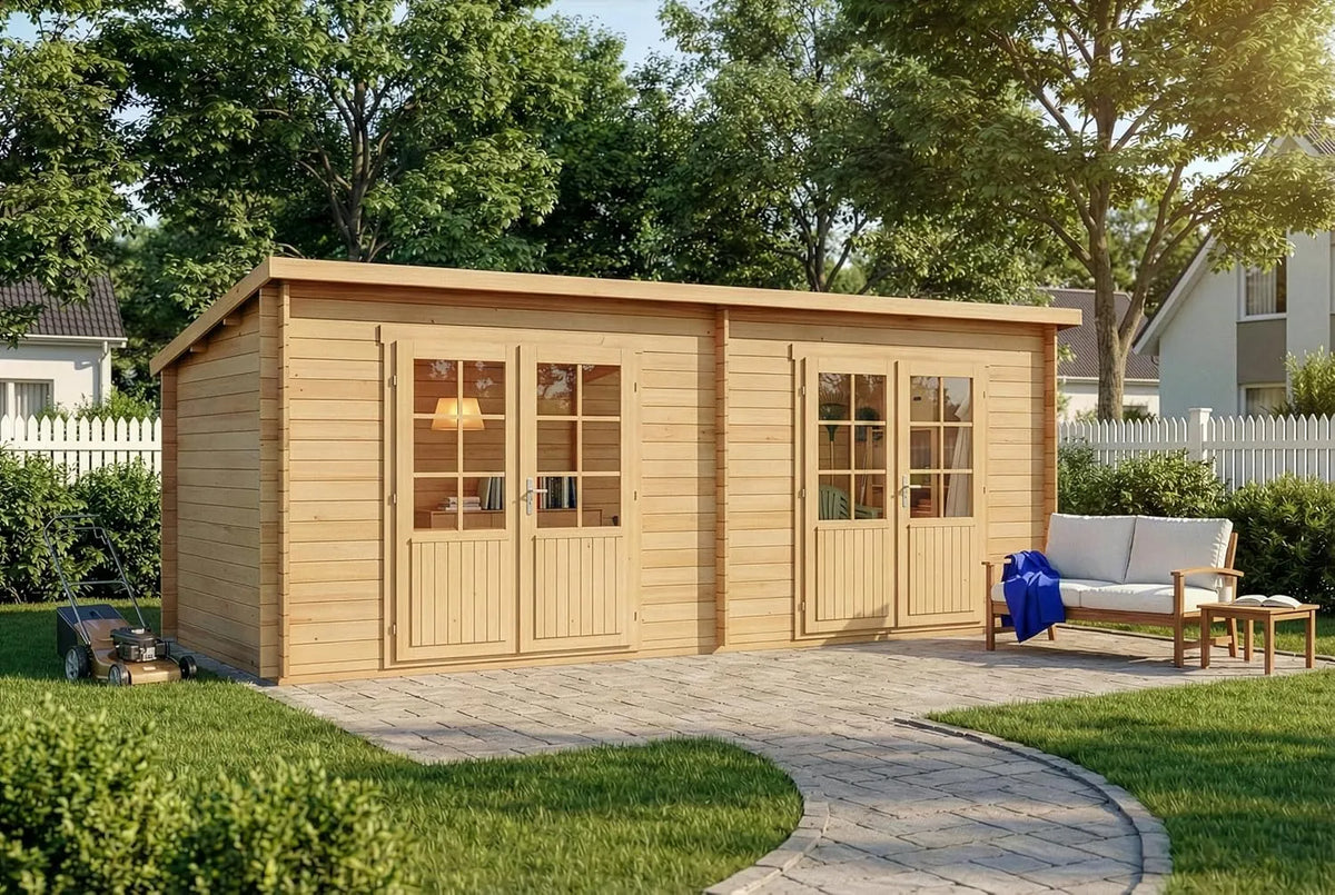 Gartenhaus, Maria Twin aus Holz in Naturbelassen mit 28 mm Wandstärke 598 x 272 cm