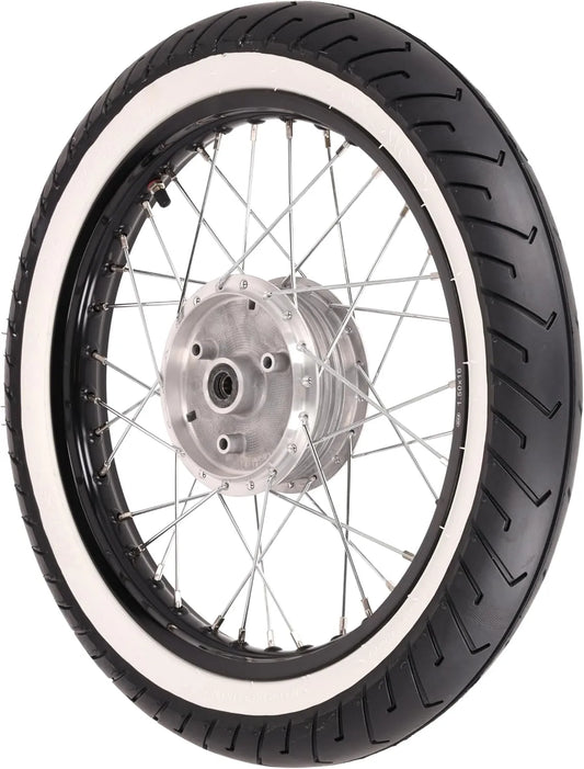 Modell MC2 Komplettrad, 1,5x16 Zoll, HINTEN, Chromspeichen, Alufelge in Schwarz eloxiert und poliert, MITAS-in Weißwandreifen montiert
