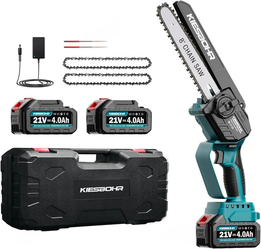 Akku-Kettensäge, Lithium-Ionen 21V, 2 Ketten, Batteriebetrieben, 8 Zoll mini kettensäge mit Kettenschmiersystem, 2 Akkus 4000mAh
