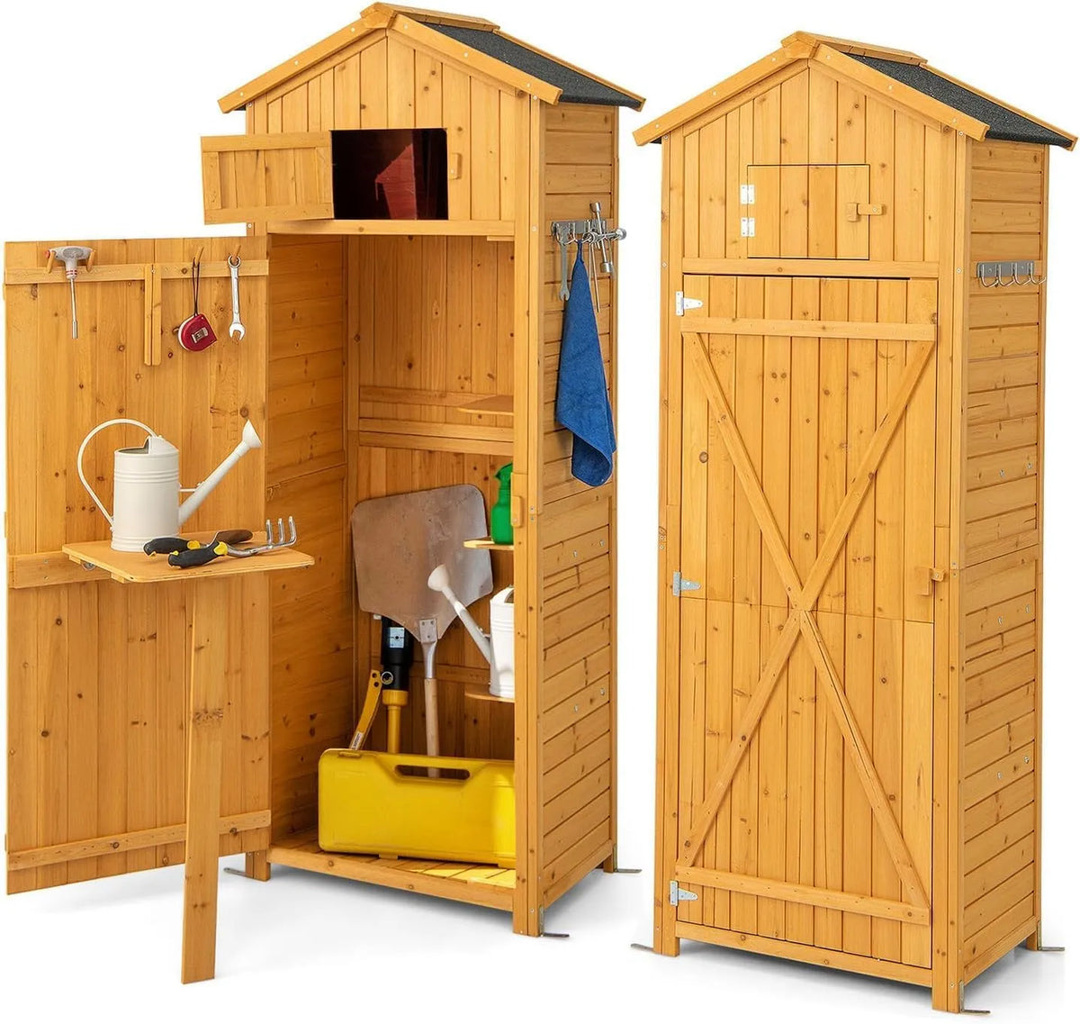 Gerätehaus RELAX4LIFE, Geräteschrank mit 8 Haken & 3 Regalen & Faltbarem Tisch & Oberem Fach, Maße 75 x 50 x 180,5 cm, Holz, Natur