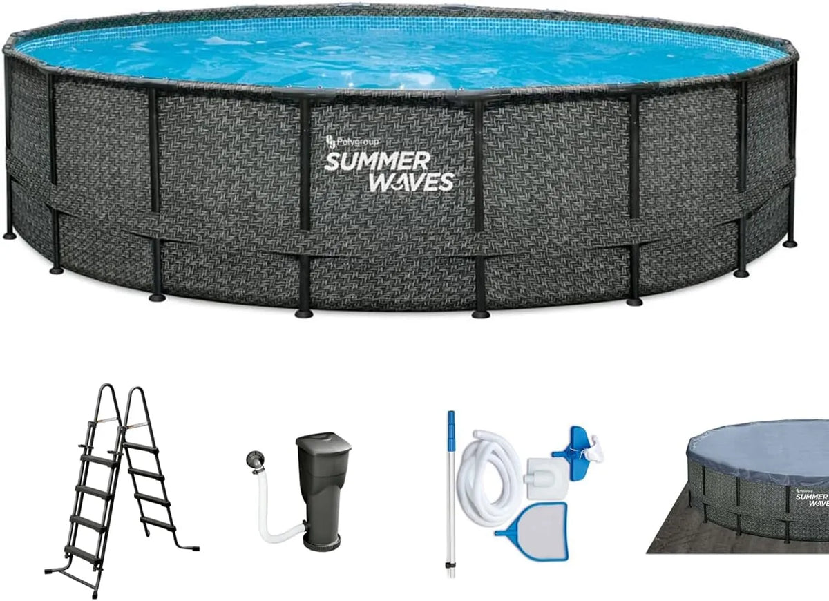 Pool Summer Waves Frame, Rund 549x132 cm Rattan Optik Farbe Grau, Komplettset, Aufstellpool Set, Gartenpool & Schwimmbecken inklusive. Filterpumpe