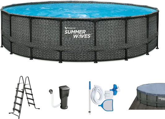 Pool Summer Waves Frame, Rund 549x132 cm Rattan Optik Farbe Grau, Komplettset, Aufstellpool Set, Gartenpool & Schwimmbecken inklusive. Filterpumpe