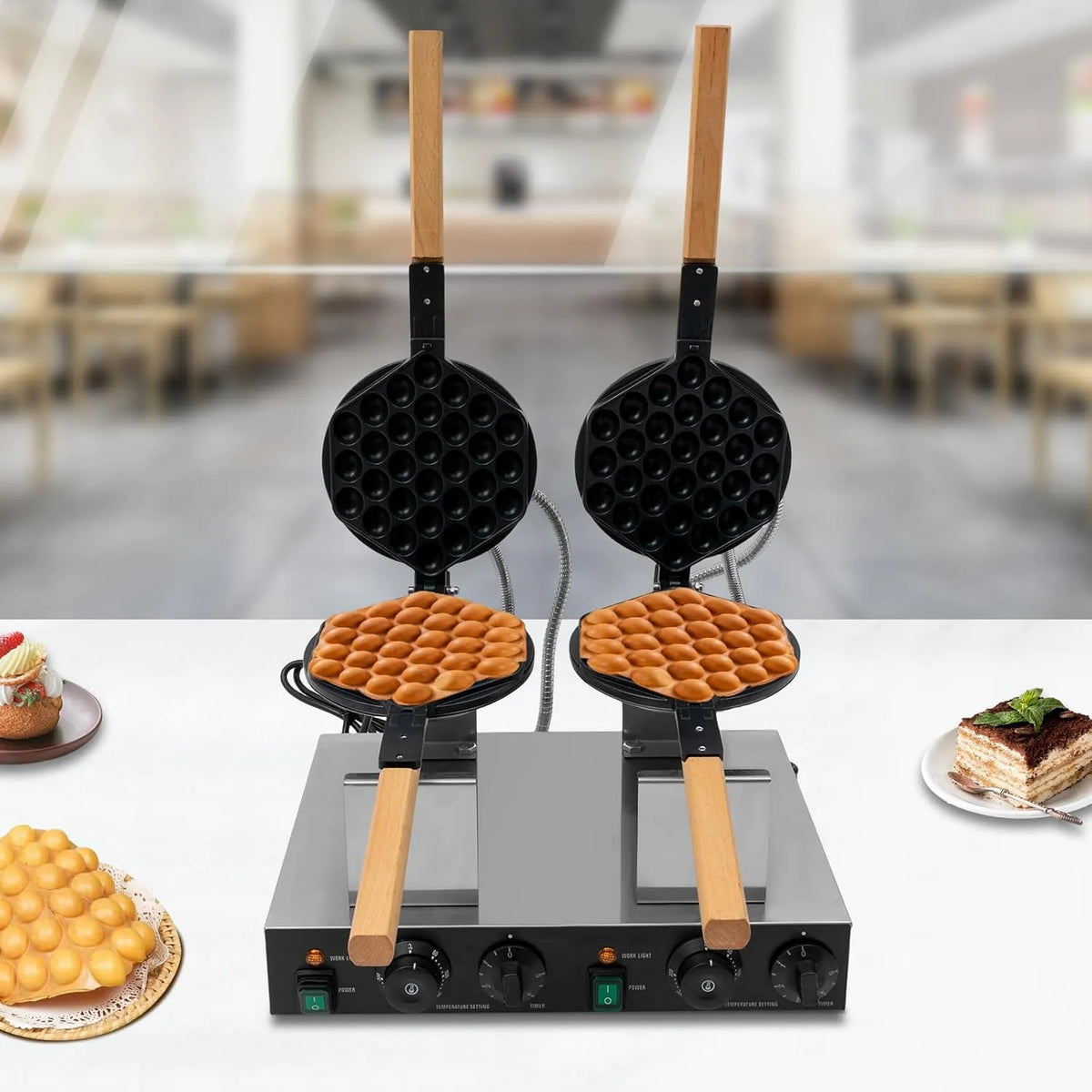 Doppelt Drehbar Bubble Waffle Maker Bubble Waffeleisen, 50-300 °C, mit Antihaftbeschichtung & Timer für Cafe, Restaurant, Dessert-Shop