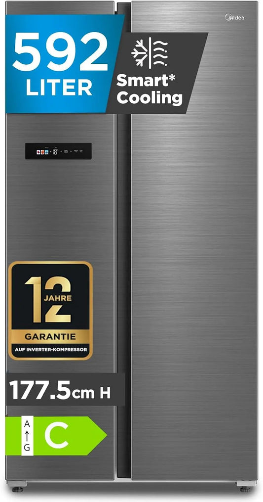 Midea Kühlschrank MDRS791MIC46, 177,5 cm Hoch, Fassungsvermögen 592L, SuperCool & 37dB, Side-by-Side mit No-Frost & WiFi, Inverter-Technologie