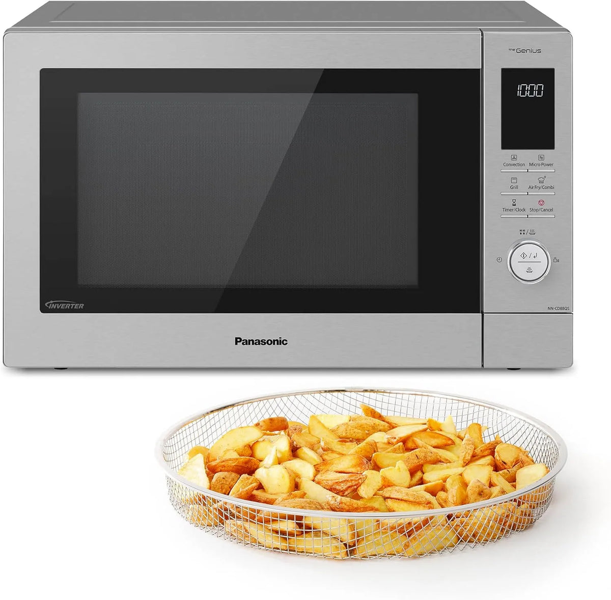 Panasonic Mikrowelle NN-CD88QSEPG, automatisches Auftauen, Fassungsvermögen 34L Air Fryer Kombi mit Quarzgrill, Leistung 1000 W, Edelstahl, Silber