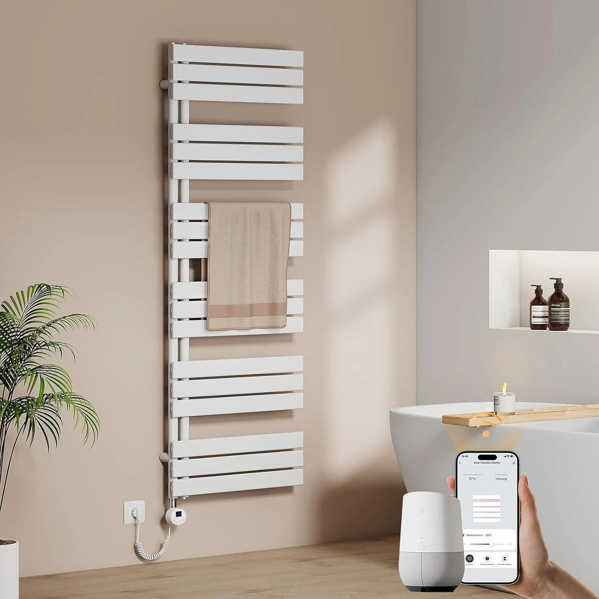 Handtuchheizkörper Elektrisch 1599x600 mm EMKE WiFi, Leistung 1000W, mit Thermostat und Heizstab, Weiß, Flach Badheizkörper Elektrisch