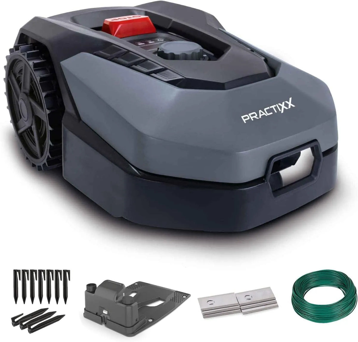 Rasenmäher PX-RRM-600Wi, Practixx Mähroboter bis zu 600 qm², 20-60 mm Schnitthöhe, 18cm Schnittbreite, 35% Steigung, Regensensor, Kantenmähen, Akku
