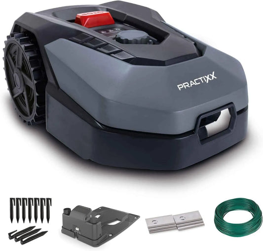 Rasenmäher PX-RRM-600Wi, Practixx Mähroboter bis zu 600 qm², 20-60 mm Schnitthöhe, 18cm Schnittbreite, 35% Steigung, Regensensor, Kantenmähen, Akku