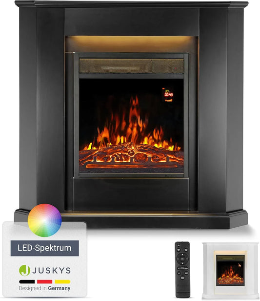 Elektrokamin Juskys, Kaminfeuer, Fernbedienung, Elektrischer Kamin Eckkamin schwarz, 1000/2000 W mit Heizung, Flammeneffekt, LED Beleuchtung & Timer