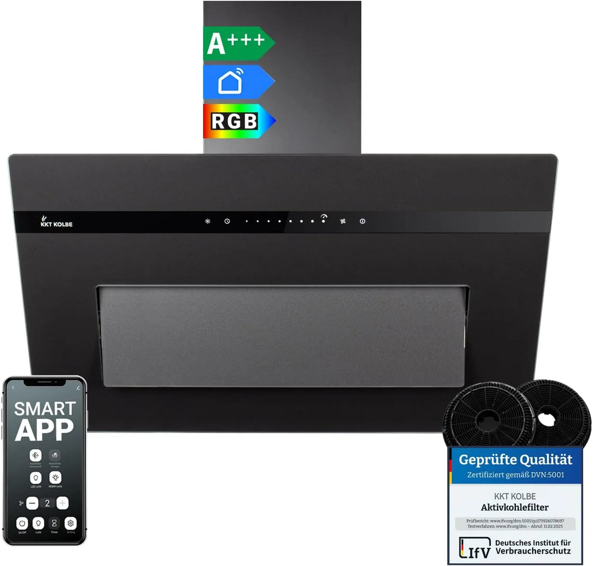 Dunstabzugshaube PLOOM8005S KKT KOLBE A+++, Smart WiFi App WLAN, Nachlaufautomatik, RGBW LED-Beleuchtung, 80 cm 782 cbm, SensorTouch