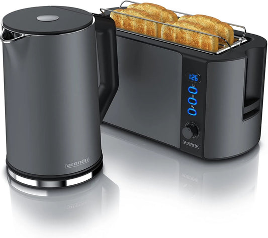 Wasserkocher Arendo, Fassungsvermögen 1,5L 40° -100° Warmhaltefunktion Toaster 4 Scheiben LED-Display 6 Bräunungsgrade Brötchenaufsatz