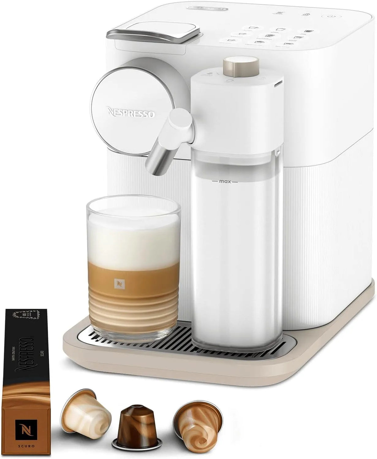 Nespresso De'Longhi Modell EN640.W, Gran Lattissima Kaffeekapselmaschine mit automatischem Milchsystem,19 Bar Druck, Leistung 1400W, Weiß