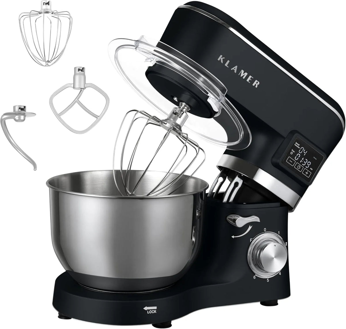 Küchenmaschine KLAMER, Classic 1400 W, Fassungsvermögen 5,5 L Rührschüssel aus Edelstahl, Knet, Rühr- & Schneebesenaufsatz, Timer & LED-Display