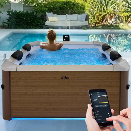 Whirlpool, 6 Personen Spa 160x160cm, Miweba MSpa Outdoor, Frame Oslo Amber mit Fester Außenwand, mit App Steuerung, UVC+ Wasserreinigung, Aufstellpool