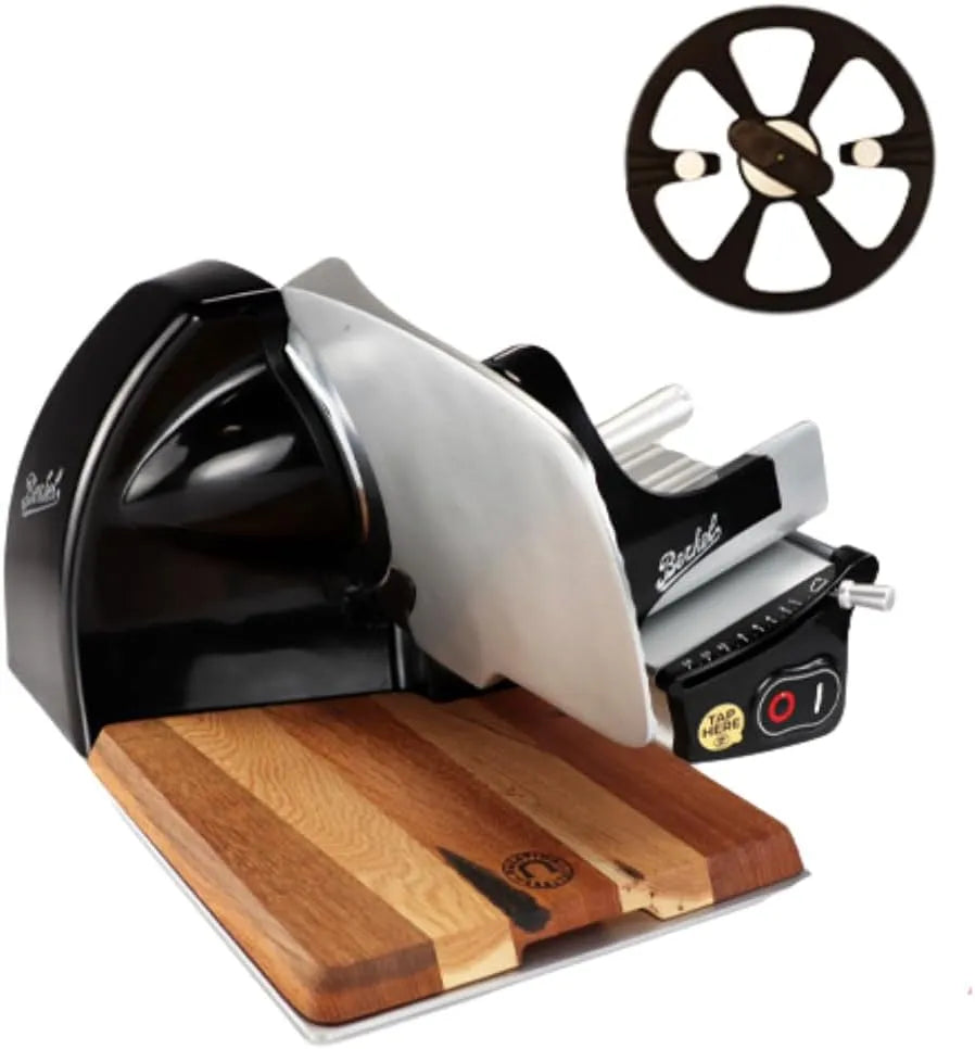 Berkel Aufschnittmaschine, Neues Modell + 100% handgefertigtes Schneidebrett Unikat, Schneidemaschine Home Line 200 Plus in schwarz
