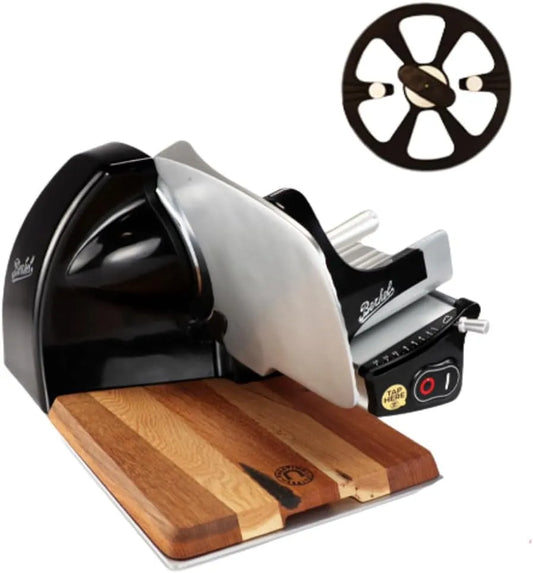 Berkel Aufschnittmaschine, Neues Modell + 100% handgefertigtes Schneidebrett Unikat, Schneidemaschine Home Line 200 Plus in schwarz