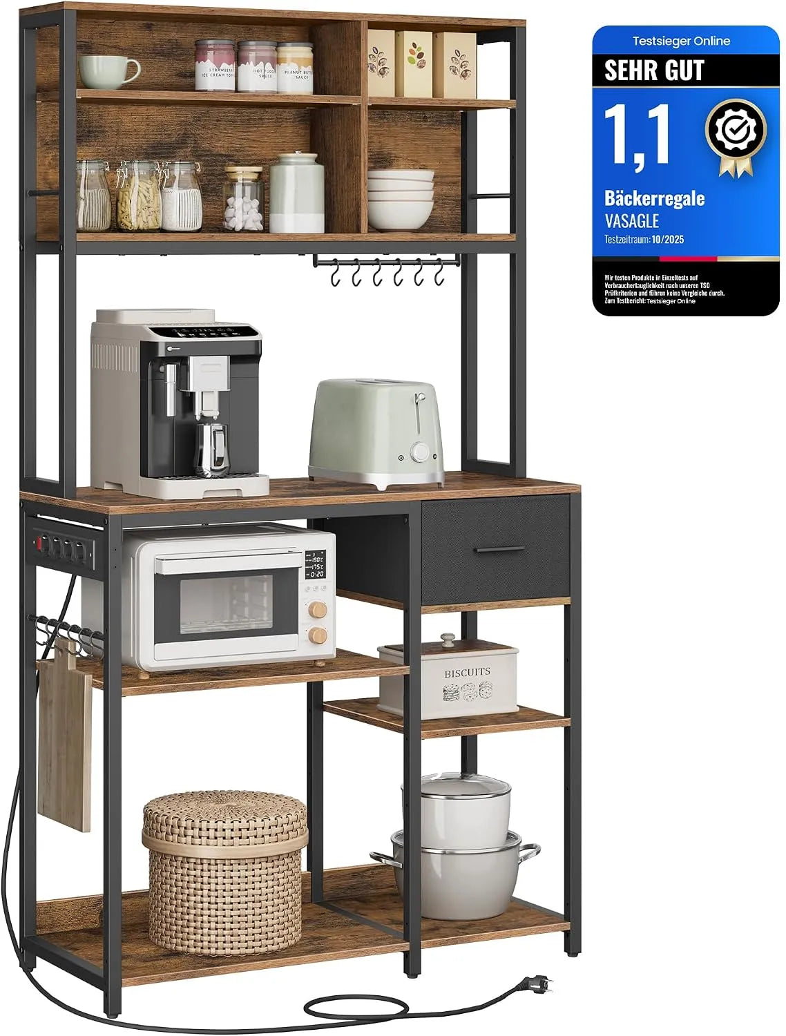 Modell mit Steckdosen KKS027K02 VASAGLE Küchenregal, Maße 40 x 100 x 180,4 cm, 12 Haken, Standregal, Backregal, verstellbare Ablagen, Stoffschublade